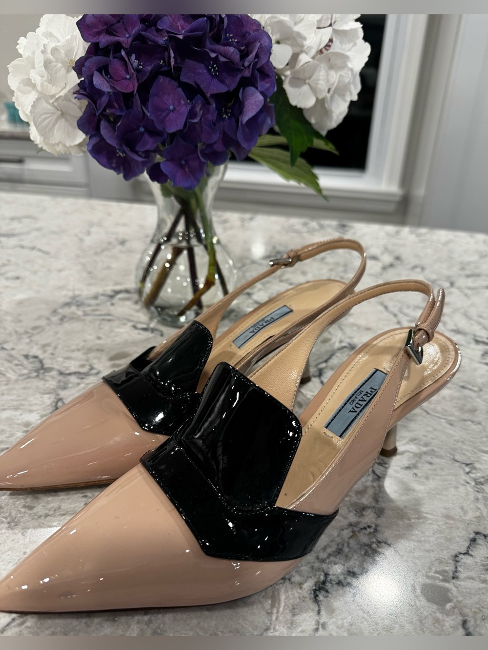 Prada Siopaella Slingback Pointed Pumps with Kitten Heel in Black & Beige 37